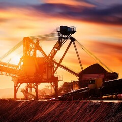 Mining site logistics close up, focus on, copy space, vibrant colors, Double exposure silhouette with conveyor belts