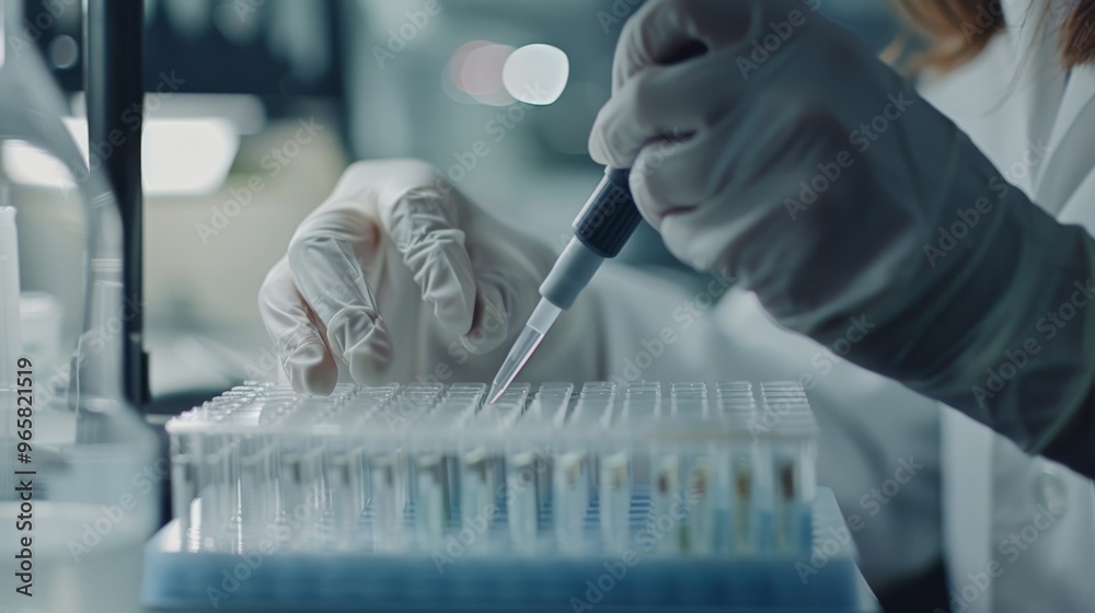 Poster researcher using pipette to transfer liquid into microplate in a sterile lab