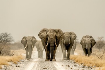 Fototapeta premium Elephants walking on a dirt road wildlife outdoors animal.