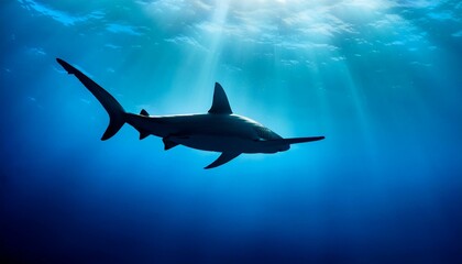Fototapeta premium Illustrate the haunting beauty of a solitary hammerhead shark gliding through the deep blue ocean depths, its distinctive silhouette unmistakable