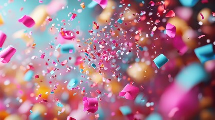 Colorful confetti bursts during a joyous celebration, creating a vibrant atmosphere filled with excitement and happiness