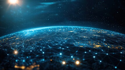 Obraz premium Abstract futuristic digital background with blue glowing global network and internet connections on a dark planet Earth globe. Digital technology, big data connection concept