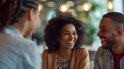 Smiling diverse friends engaged in lively conversation outdoors