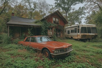 Fototapeta premium Overgrown abandoned house with an old red car and a RV, highlighting decay and neglect in a rural setting.