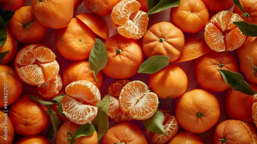 Poster a backdrop of whole tangerines and a few scattered tangerine slices, showcasing their rich orange to