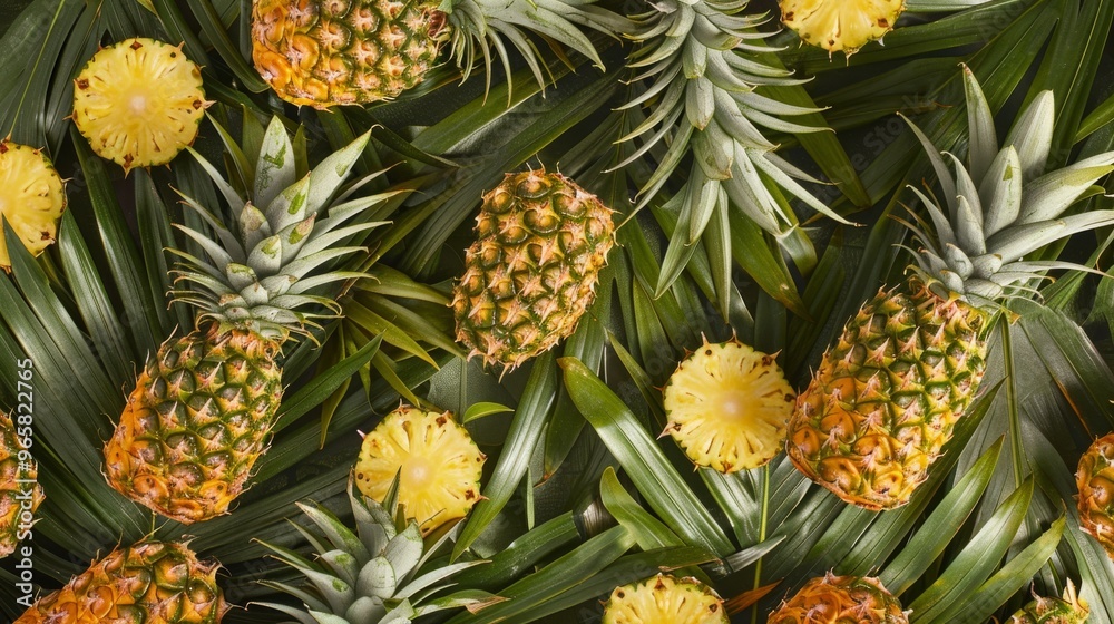 Poster a background filled with a repeated pineapple motif in various stages of ripeness, from green to gol