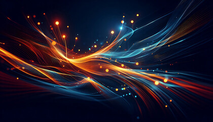Abstract dynamic flowing lines in vibrant orange blue hues composition evokes a feeling of motion and light suggesting a digital or futuristic theme against a dark background
