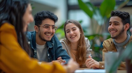 Obraz premium Group of Diverse College Students Engaged in Lively Discussion on Campus