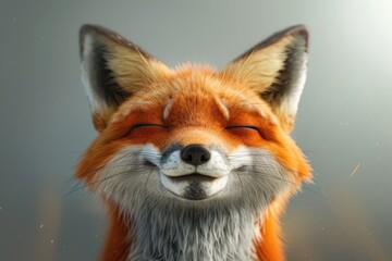 Close-Up of a Smiling Fox with Closed Eyes Against Neutral Background