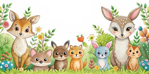 Fototapeta premium of cute woodland animals including owls, foxes, rabbits, deer , woodland, animals, cute, adorable,owls, foxes, rabbits, deer