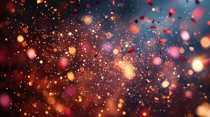 Colorful confetti and shimmering lights create a festive atmosphere during a celebration at night in an indoor setting