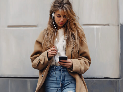 Młoda ładna dziewczyna na ulicy ze smartfonem w ręku i słuchawkami w uszach