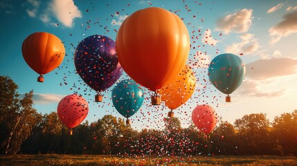 Obraz premium Colorful hot air balloons flying above a vibrant landscape at sunset with confetti falling around them
