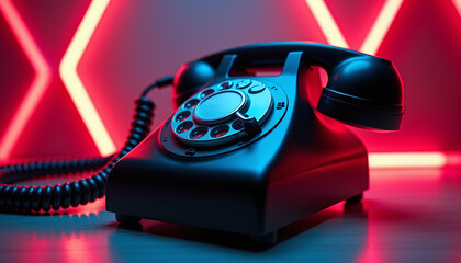 Detailed close-up of a vintage rotary telephone surrounded by glowing neon shapes