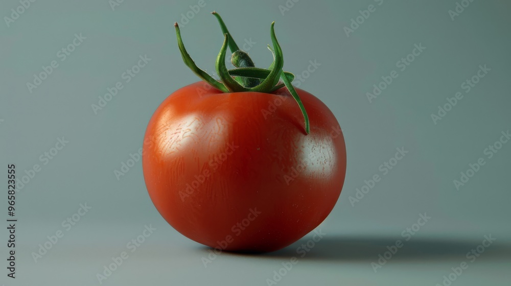 Poster a close-up view of a single ripe tomato, focusing on its smooth surface and natural sheen against a 