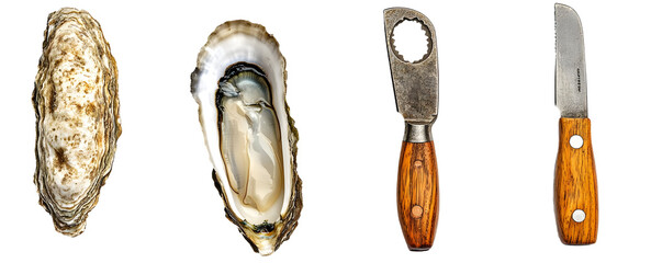 Fresh Oysters with Shucking Knives on Transparent Background, PNG Graphic Resource