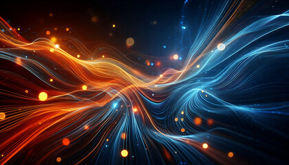 Abstract dynamic flowing lines in vibrant orange blue hues composition evokes a feeling of motion and light suggesting a digital or futuristic theme against a dark background