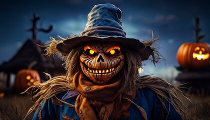 Scarecrow in realistic goblin shape, Halloween

