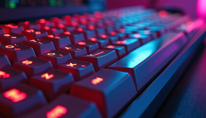 Obraz premium Detailed visuals of vintage computer keyboards with neon accents