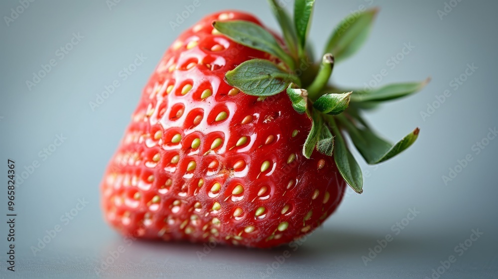 Poster a detailed view of a single strawberry with a focus on its texture and seeds, presented against a sm