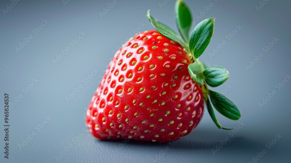 Poster A detailed view of a single strawberry with a focus on its texture and seeds, presented against a smooth, unobtrusive background that highlights its freshness.