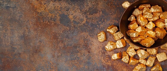 Gold nuggets spread on a textured rusty metal surface, with a gold pan in soft focus, representing the process of panning for gold and striking riches