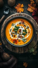 Bowl of creamy pumpkin soup topped with herbs, seeds, and spices, set on a wooden table with autumn leaves.