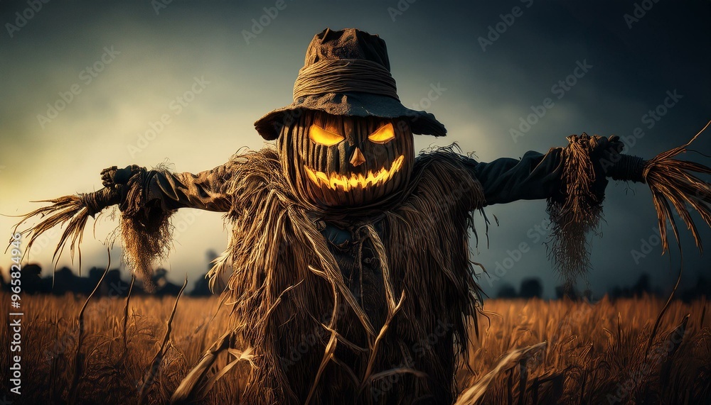 Wall mural Scarecrow in realistic goblin shape, Halloween

