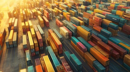 Aerial view of shipyard, rows of containers, global trade scene, 3D illustration