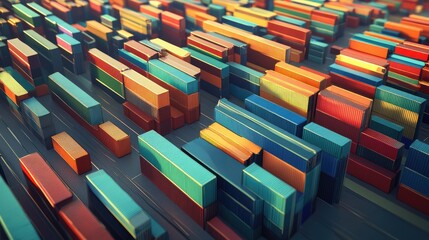 Obraz premium Aerial view of shipyard, rows of containers, global trade scene, 3D illustration