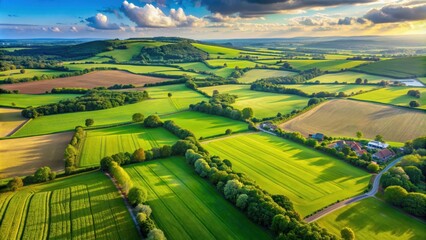 Aerial view of lush green fields in the picturesque countryside of Kent, UK, countryside, aerial view, fields, farmland