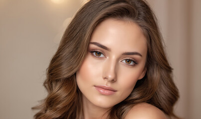 Fototapeta premium A woman with long brown hair looks directly at the camera