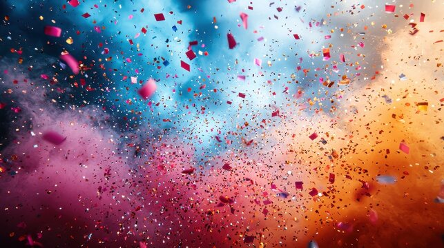 Colorful confetti bursts through vibrant clouds during a lively celebration in a festive atmosphere at sunset