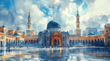Naklejka premium Illustration Of A Mosque And Mecca, Generative AI