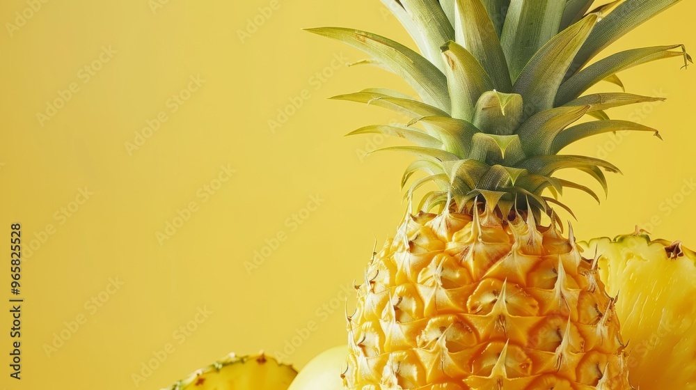 Poster a striking pineapple background design with bold yellow and green hues, showcasing the fruit's disti