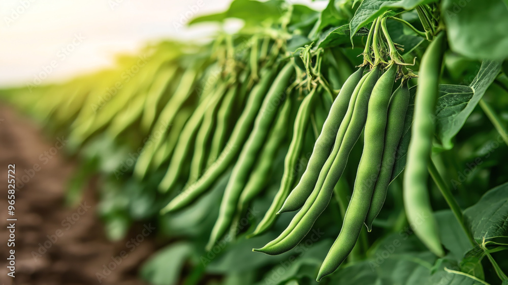 Poster Close-up of fresh green beans growing on plants in a farm field, with sunlight illuminating the scene. The image showcases rows of healthy, mature green beans ready for harvest.