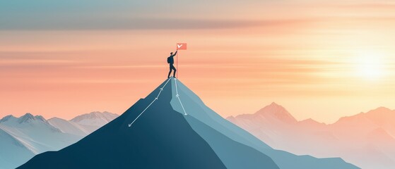 Business leader climbing a mountain with strategic milestones marked, success journey, achievement concept