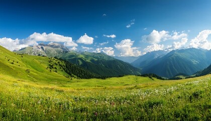 Obraz premium Mountain Meadow Paradise with Green Grass Fields, Majestic Mountains, Blue Sky and White Clouds on a Sunny Day - Ideal for Nature, Serenity, and Adventure Themes