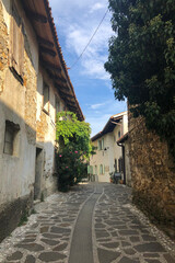 Historical Alley of Šmartno Medieval Village with Ancient Houses and Green Plants during a Sunny...