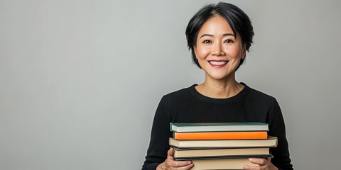 Smiling woman holding stack of books on gray backdrop