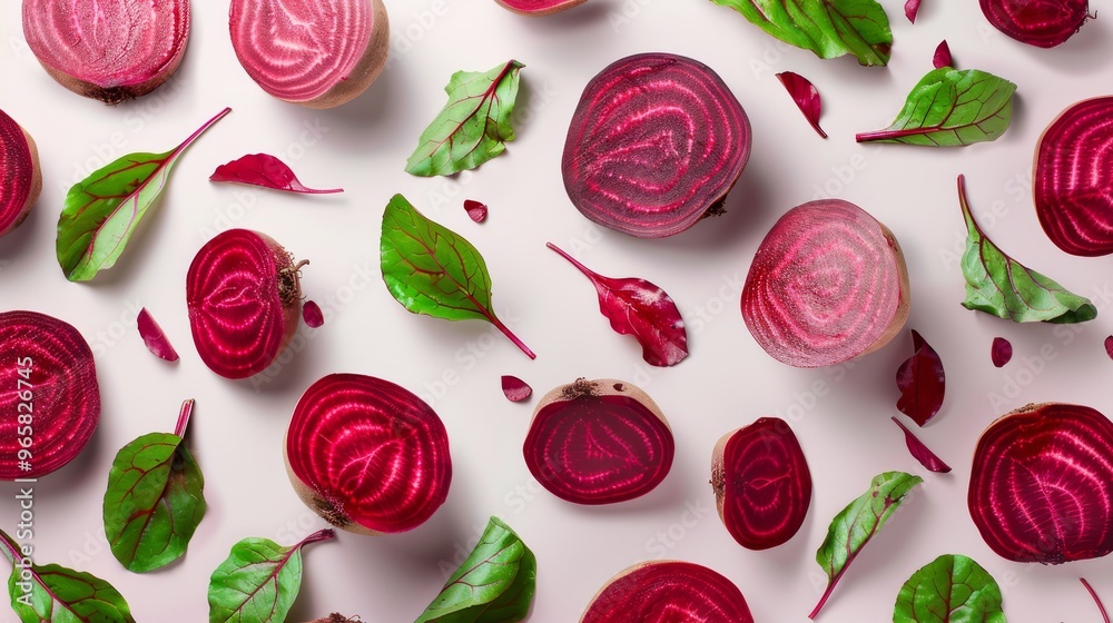 Aufkleber a striking artistic composition featuring sliced ​​beetroot and beetroot leaves on a plain color bac