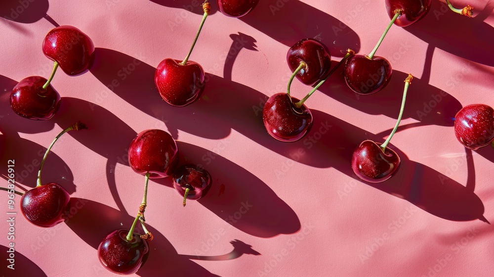 Poster an artistic composition showcasing a spread of glossy, fresh cherries with subtle shadows, creating 