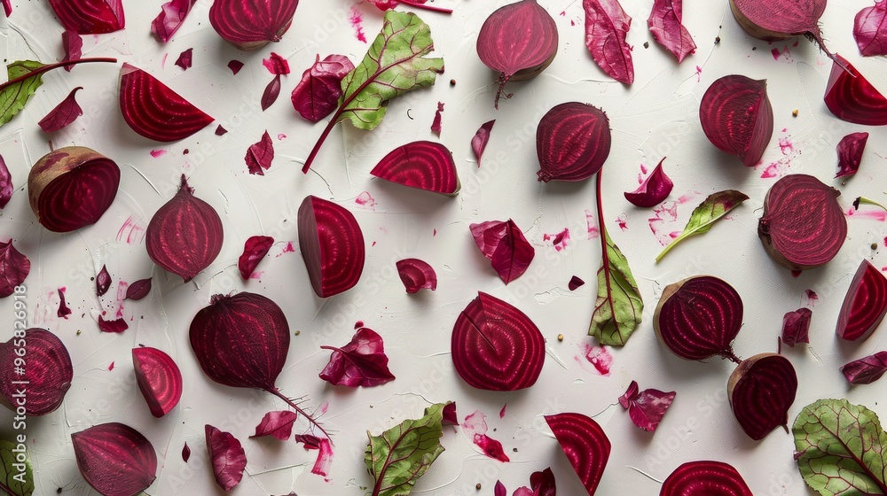Poster Presentation of sliced ​​beetroot and beetroot leaves on a solid color background.