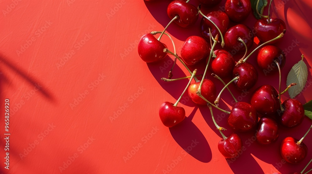 Poster An artistic composition showcasing a spread of glossy, fresh cherries with subtle shadows, creating a rich, colorful background