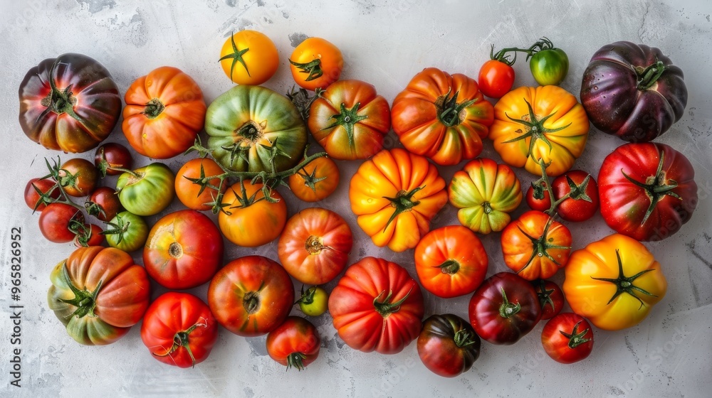Poster an assortment of heirloom tomatoes with different colors and textures, laid out on a light grey back