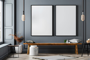 Modern living room featuring a minimalist design with empty frames, a wooden bench, and soft decor elements.