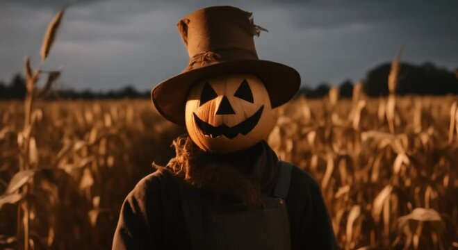 A Scarecrow with a Jack-o'-Lantern Head Standing in a Cornfield