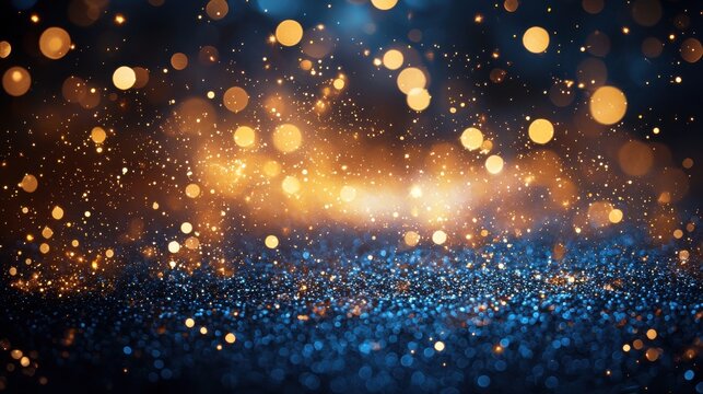 Dazzling golden and blue bokeh lights create a magical atmosphere at an evening celebration event