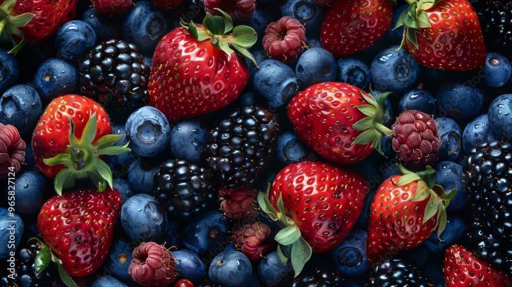 Poster a visually appealing spread of assorted berries with a focus on the bright red of strawberries, the 
