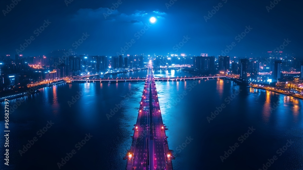 Wall mural breathtaking nighttime cityscape with illuminated skyline and reflective bridge over river